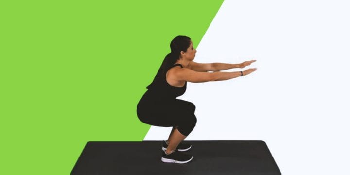 A woman getting ready to do a frog jump exercise