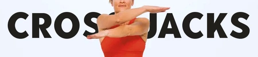 A woman doing cross jacks with text in the background