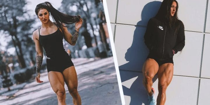 Bakhar Nabieva with muscular legs about to workout