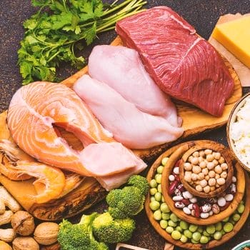 Close up shot of food with protein and carbs