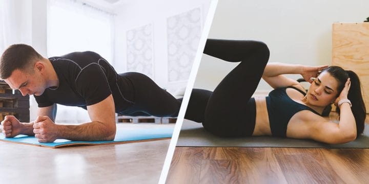 Two people doing crunches and planks side by side